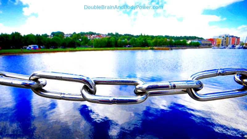 Beautiful shiny steel chain stretching across part of a gorgeous dark blue lake. White clouds from the light blue sky are reflected in the water. Resplendent green trees and a few buildings are in the background.