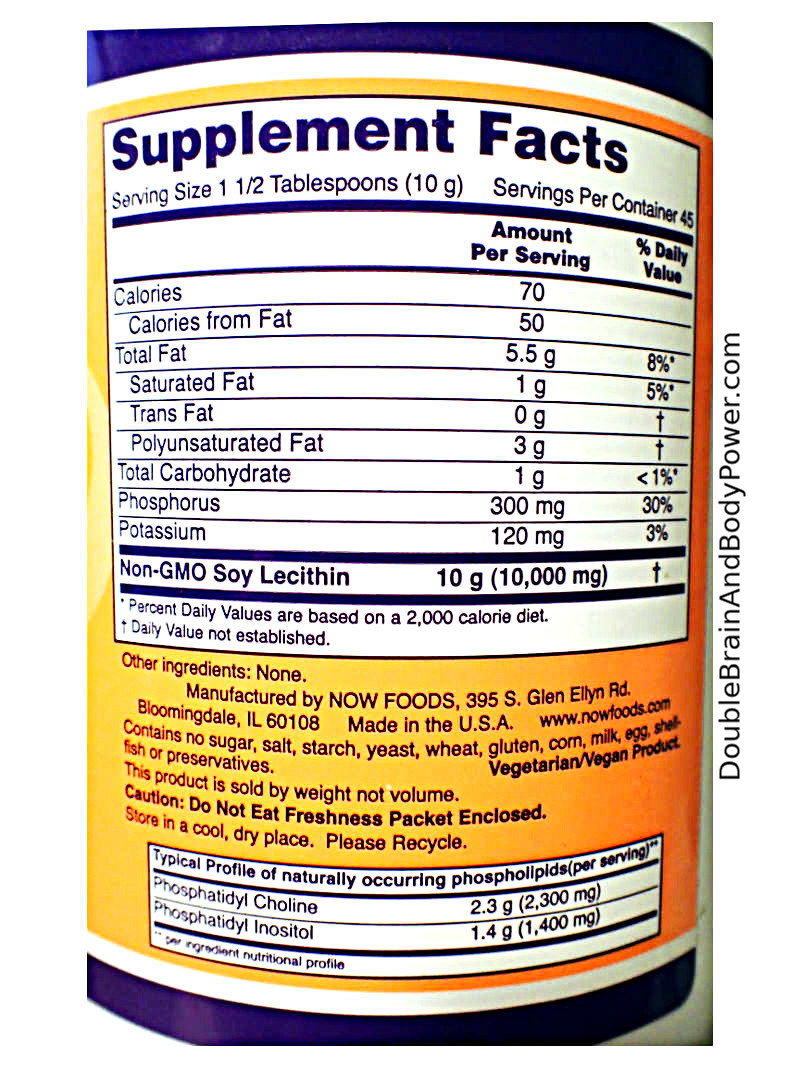 Nutritional supplement label for container of lecithin granules. There is full disclosure of who made it, where it was manufactured, and the amount of ingredients.